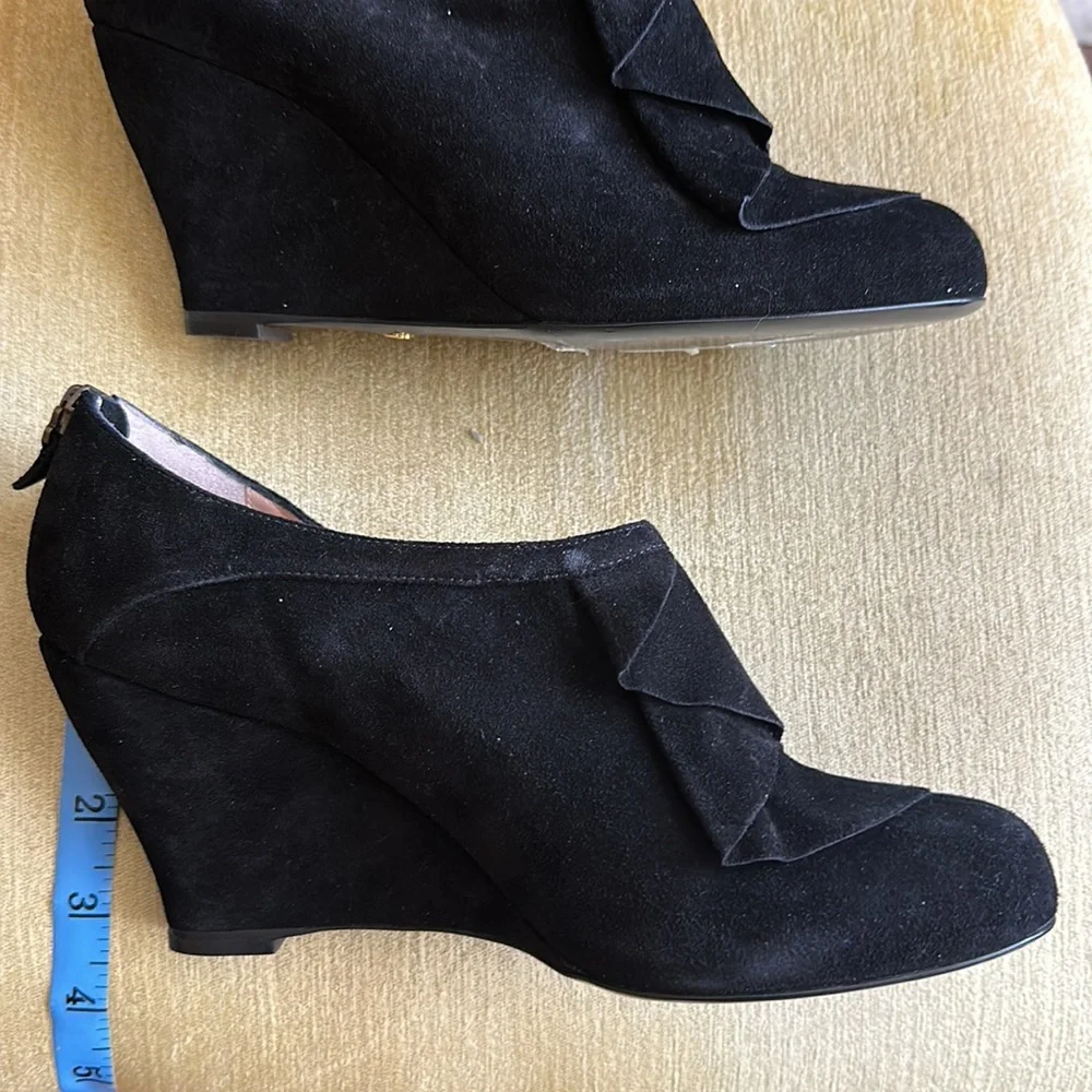 Emporio Armani Black Suede Wedge Booties with Ruffle and Back Zip EUR 40 US 9.5